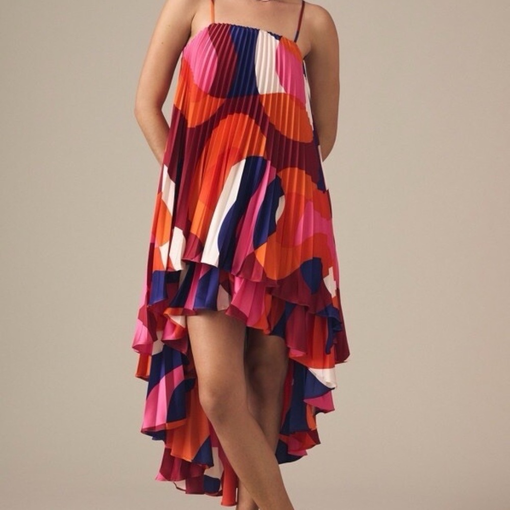 Anthropologie HUTCH Tiered High-Low Pleated Satin Dress XS PINK ORANGE NWT $298